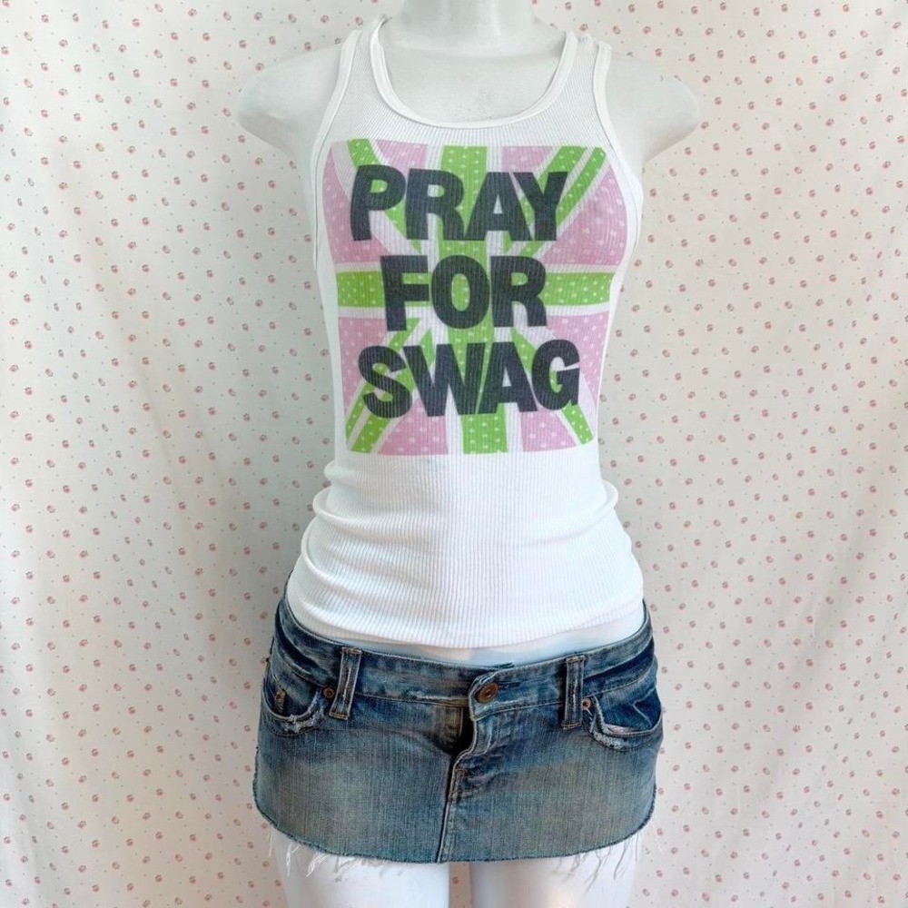 white ribbed tank top pray for swag union jack graphic saint pink y2k